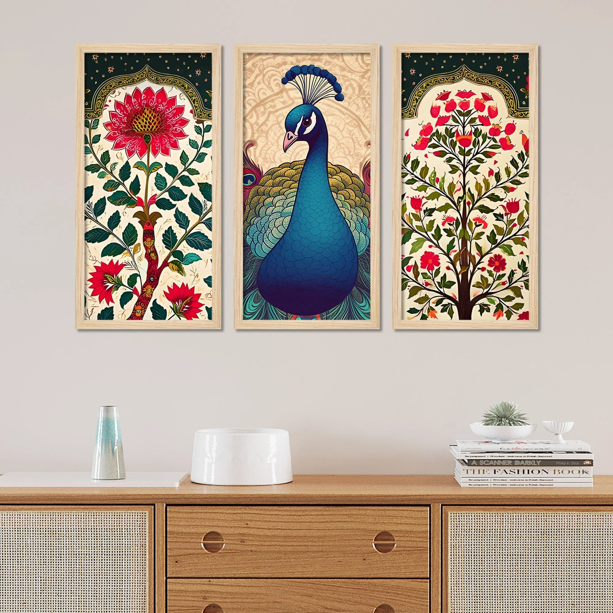 Abstract Modern Floral Peacock Art Wooden Wall Frame Set of Three - Image 3