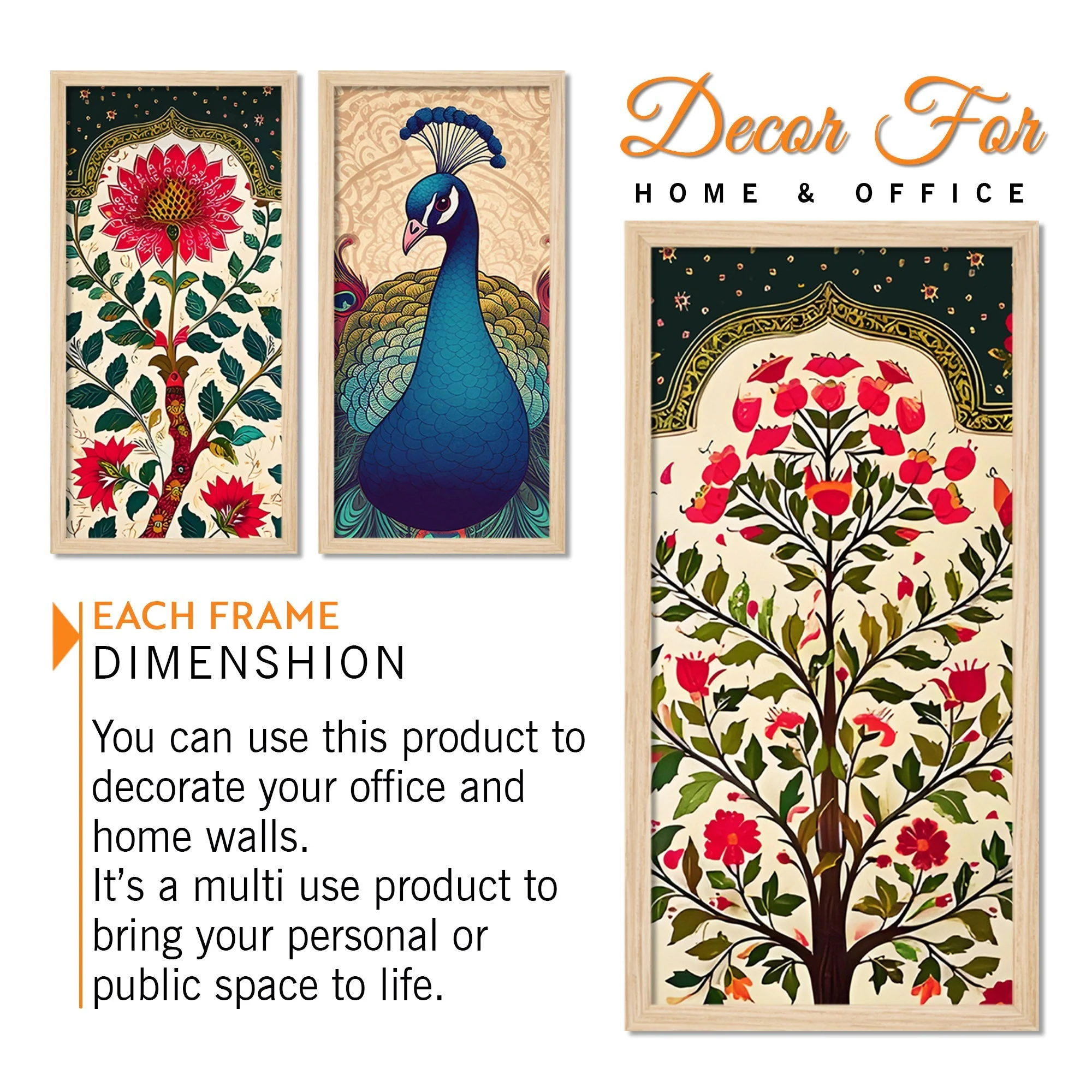 Abstract Modern Floral Peacock Art Wooden Wall Frame Set of Three - Image 4