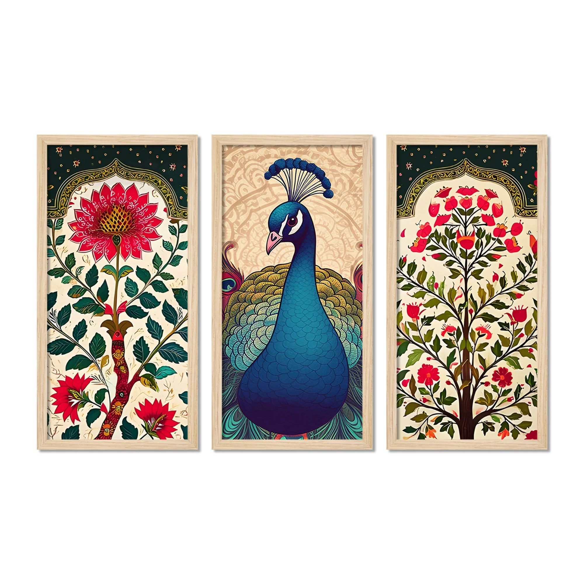 Abstract Modern Floral Peacock Art Wooden Wall Frame Set of Three - Image 5