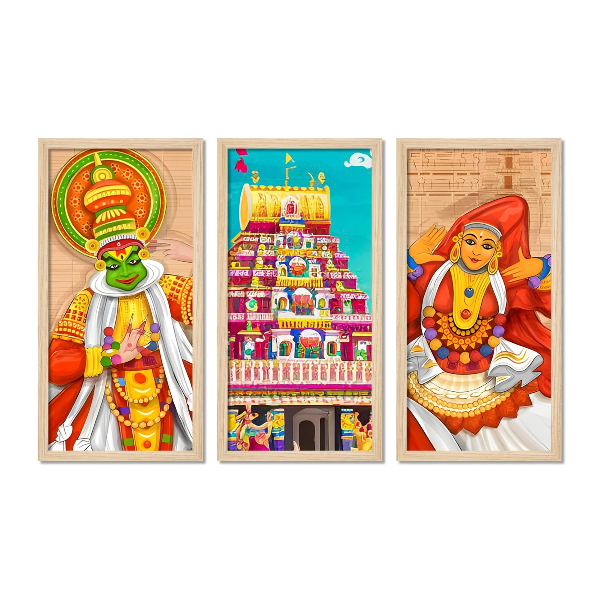Ancient Temple Onam Festival Art Wooden Wall Frame Set of Three - Image 4