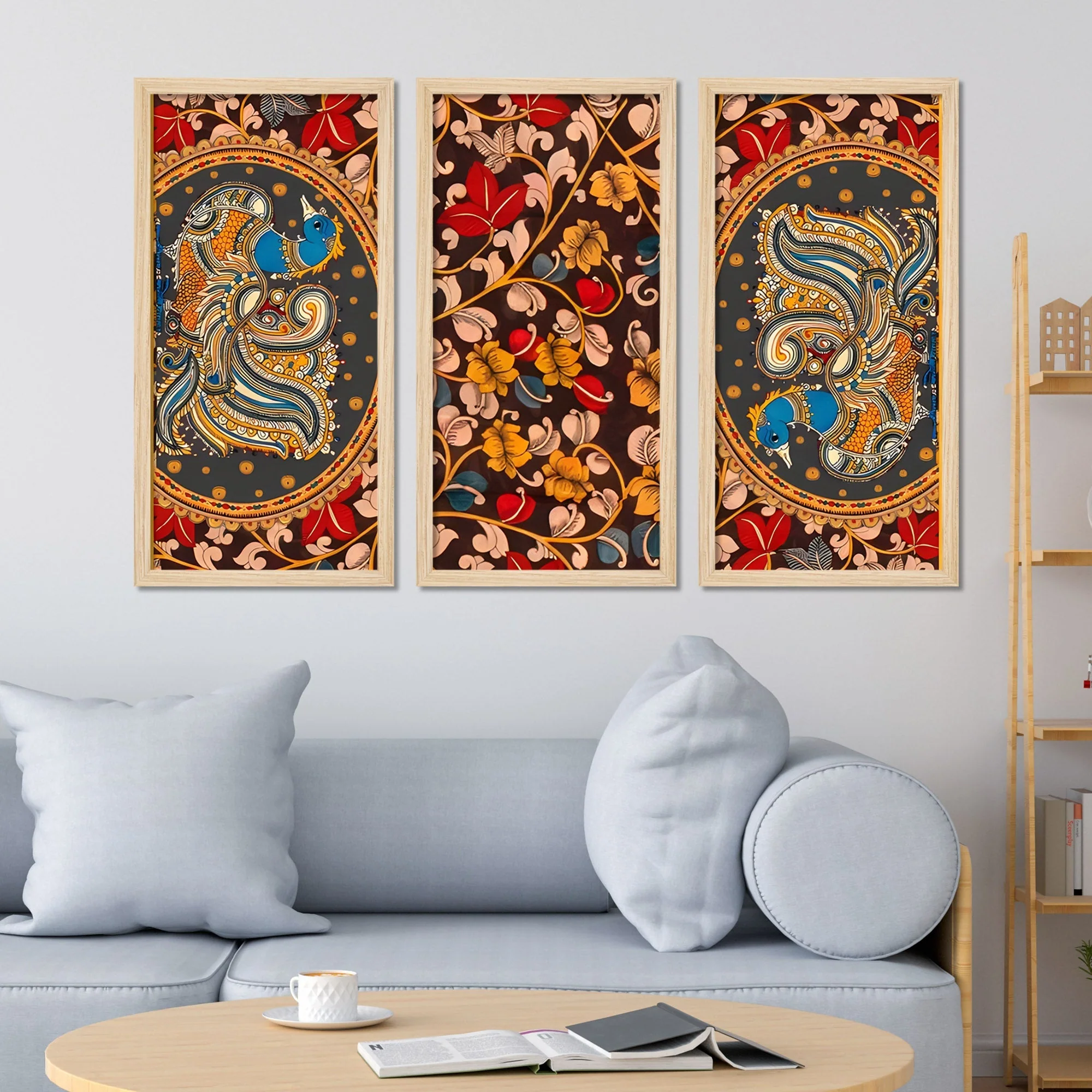 Beautiful Kalamkari Floral Art Wooden Wall Frame Set of Three - Image 3