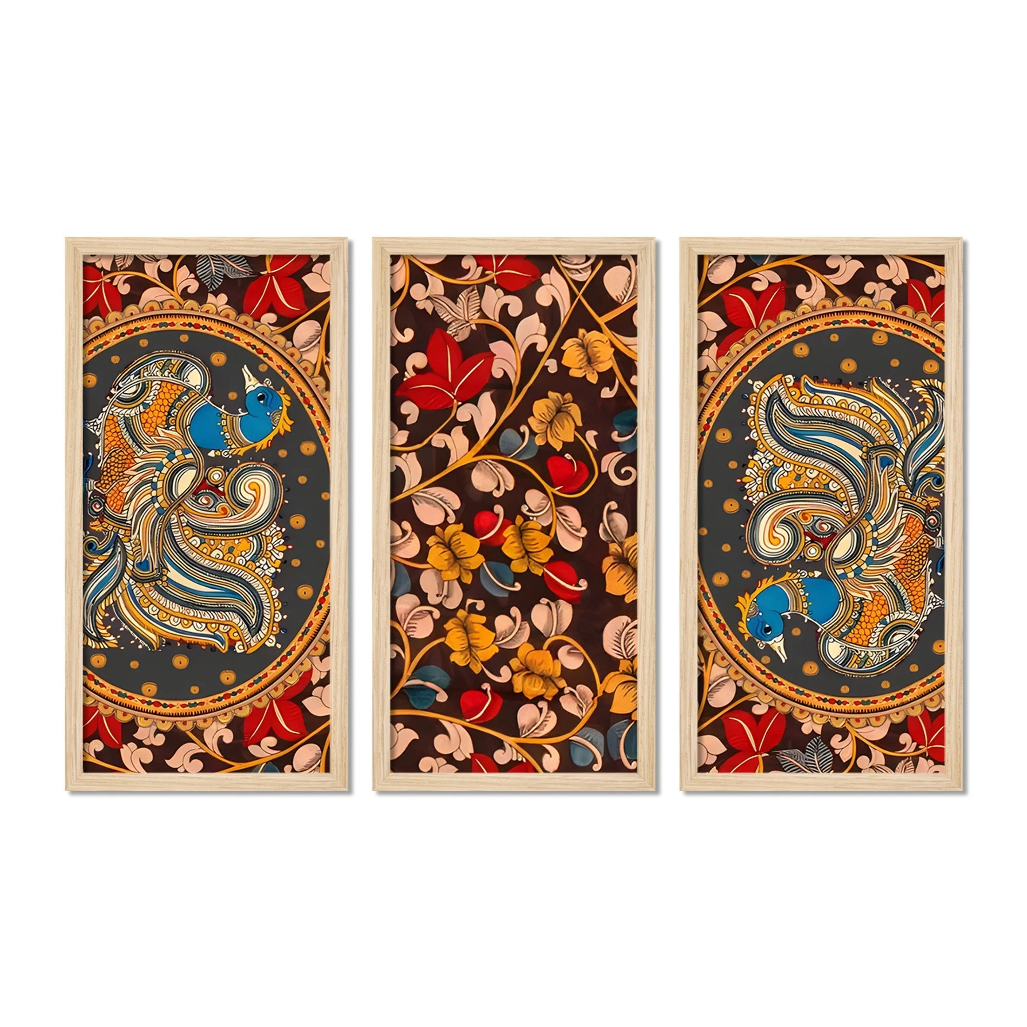 Beautiful Kalamkari Floral Art Wooden Wall Frame Set of Three - Image 4