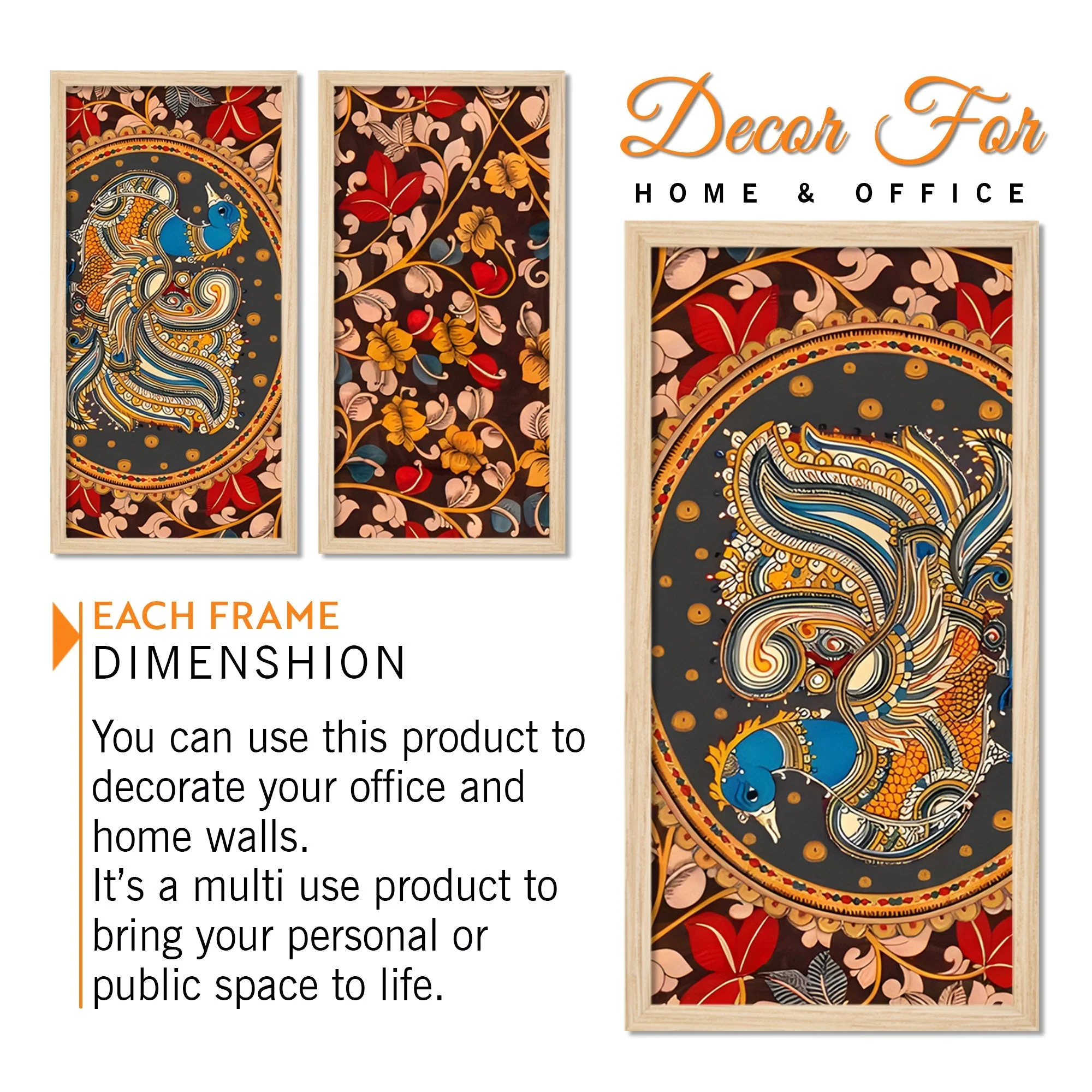 Beautiful Kalamkari Floral Art Wooden Wall Frame Set of Three - Image 5
