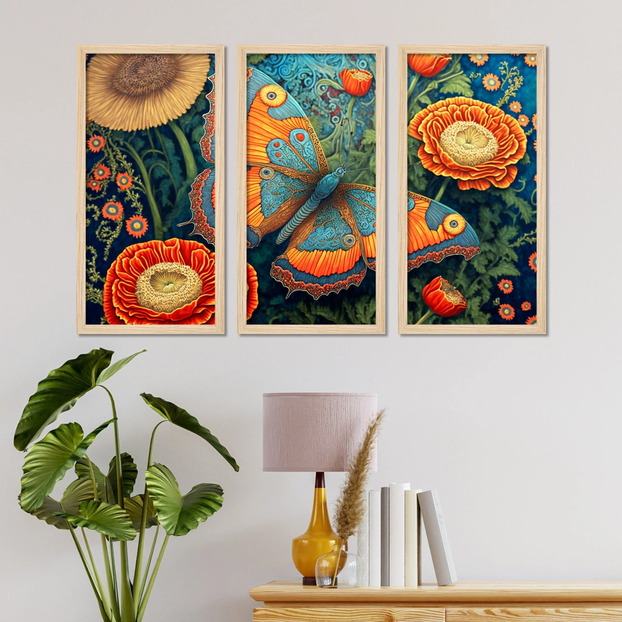 Close up of a Flower with a Butterfly Wall Frame Set of Three - Image 3