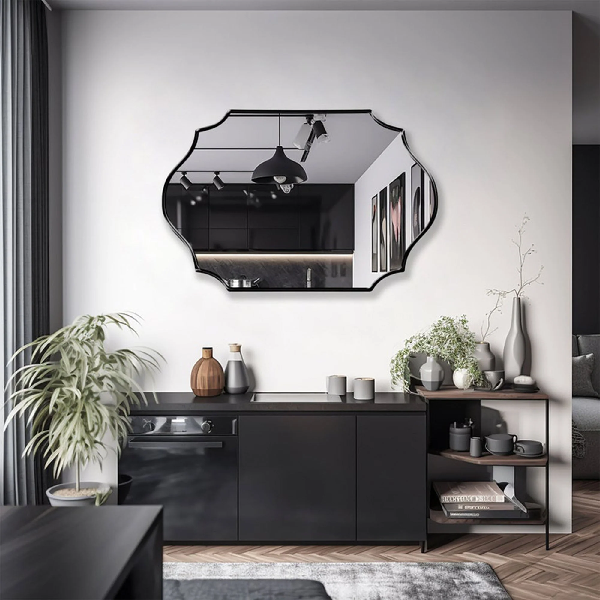 Elegant Irregular Quatrefoil Bathroom Decor Mirror with Black Wooden Finish - Image 5