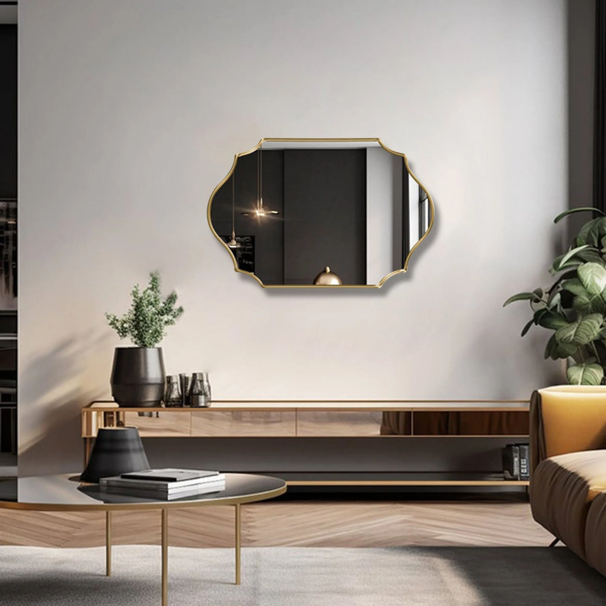 Elegant Irregular Quatrefoil Bathroom Decor Mirror with Golden Wooden Finish - Image 3