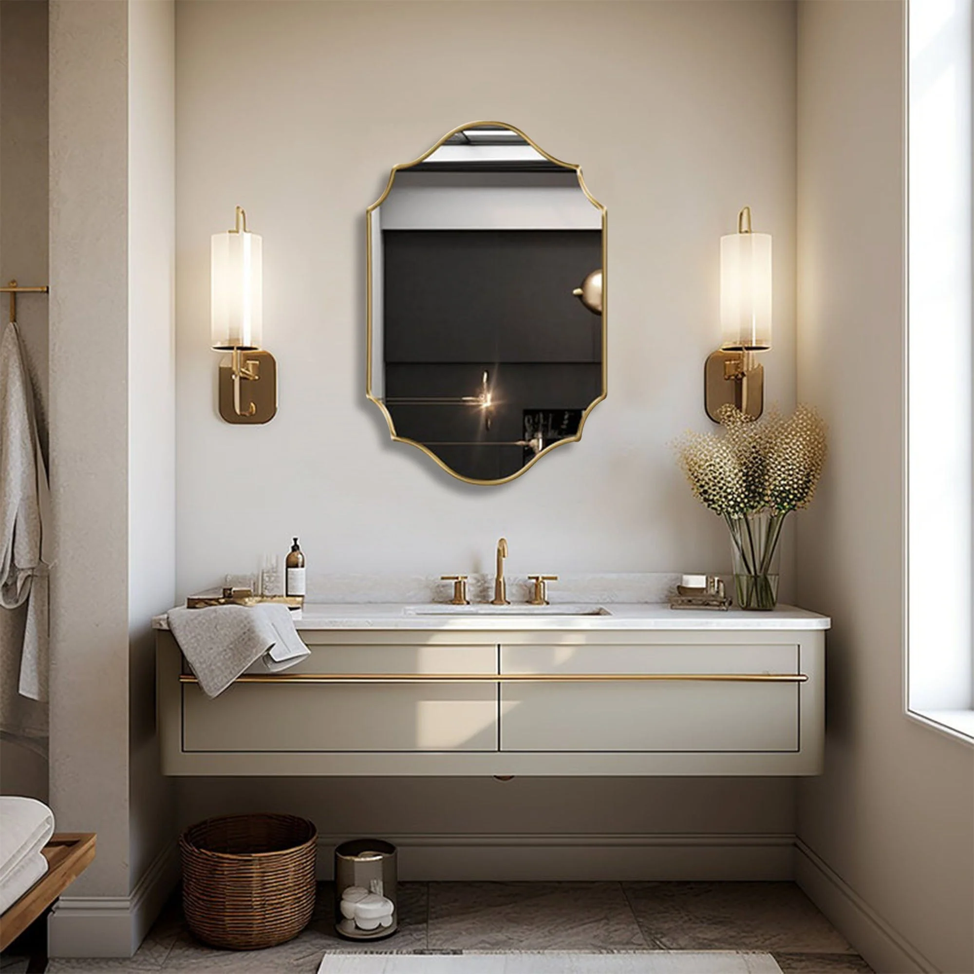 Elegant Irregular Quatrefoil Bathroom Decor Mirror with Golden Wooden Finish - Image 5