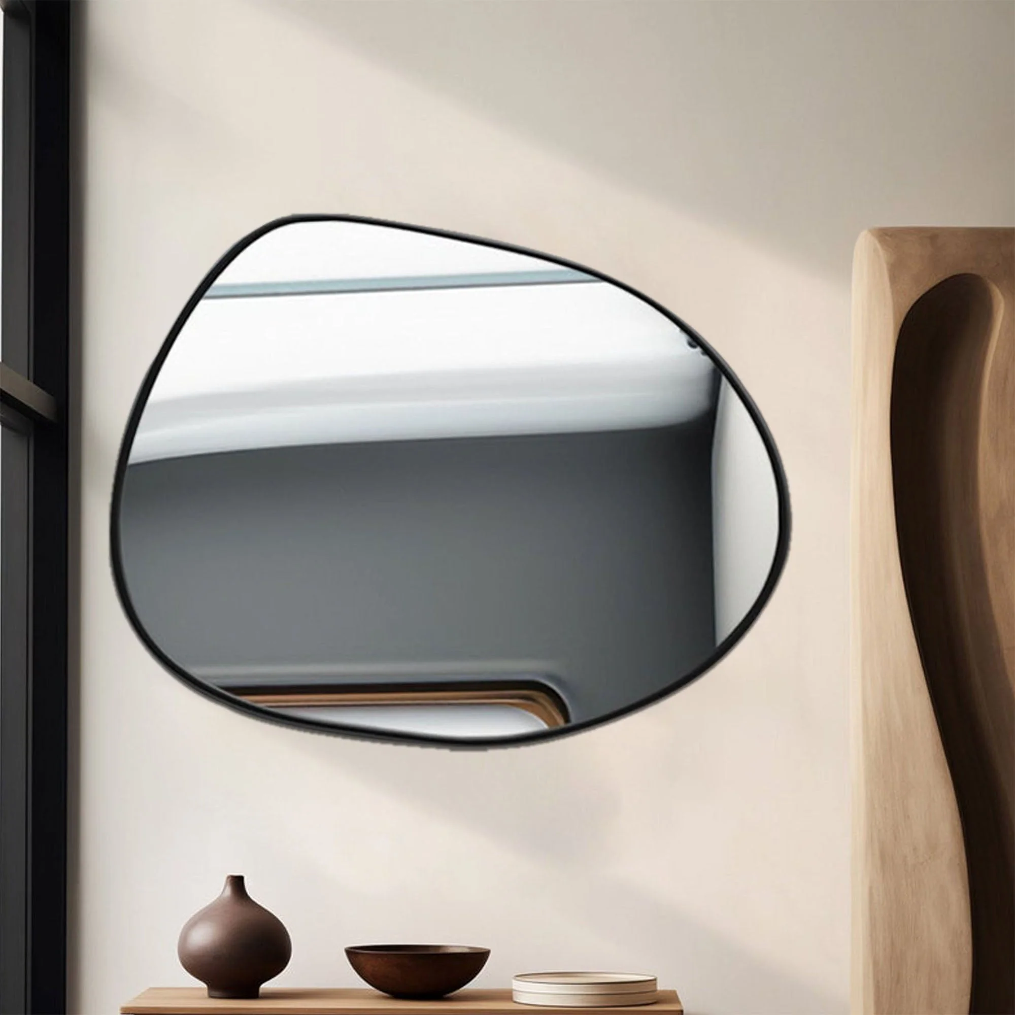 Modern Decorative Asymmetrical Bathroom Mirror with Black Wooden Finish - Image 3