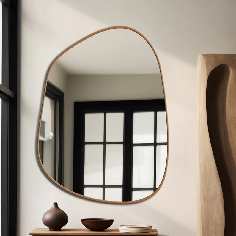 Modern Decorative Asymmetrical Bathroom Mirror with Golden Wooden Finish - Image 3