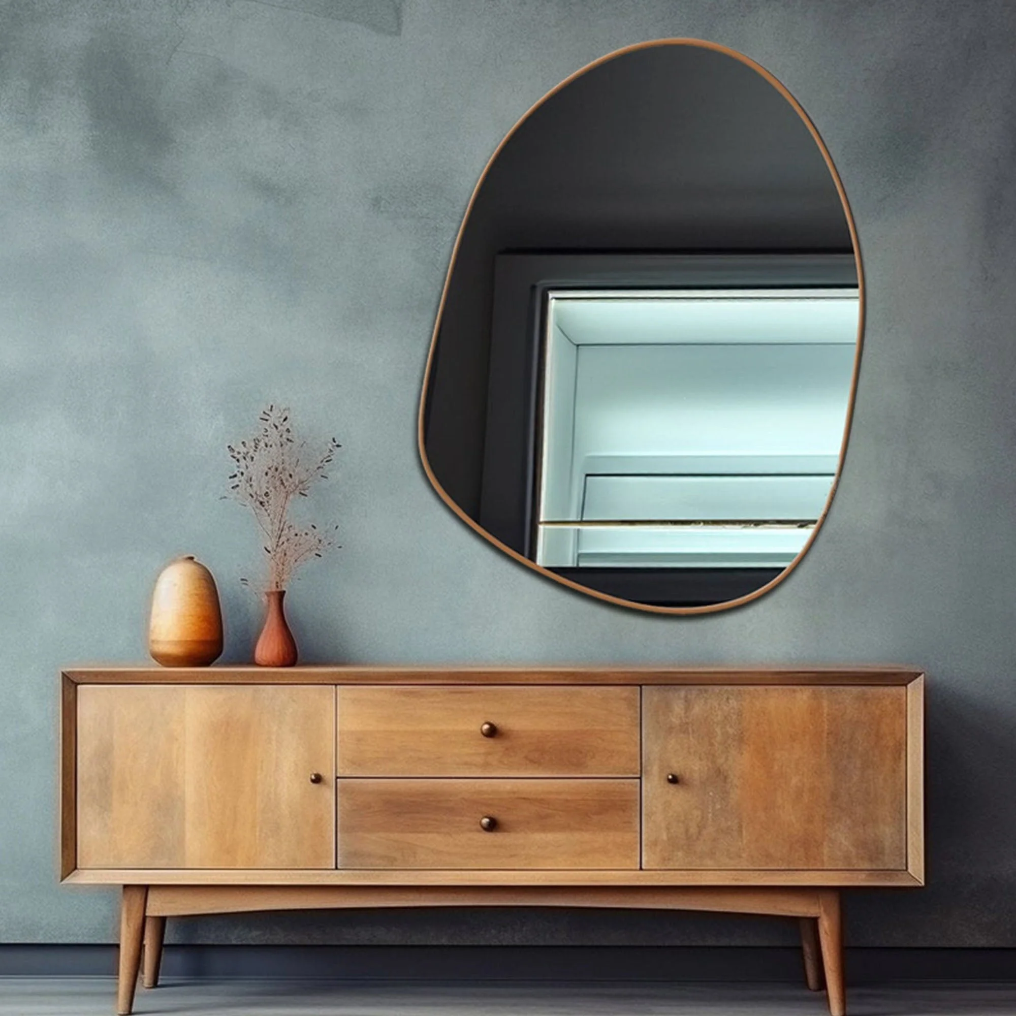Modern Decorative Asymmetrical Bathroom Mirror with Golden Wooden Finish - Image 4