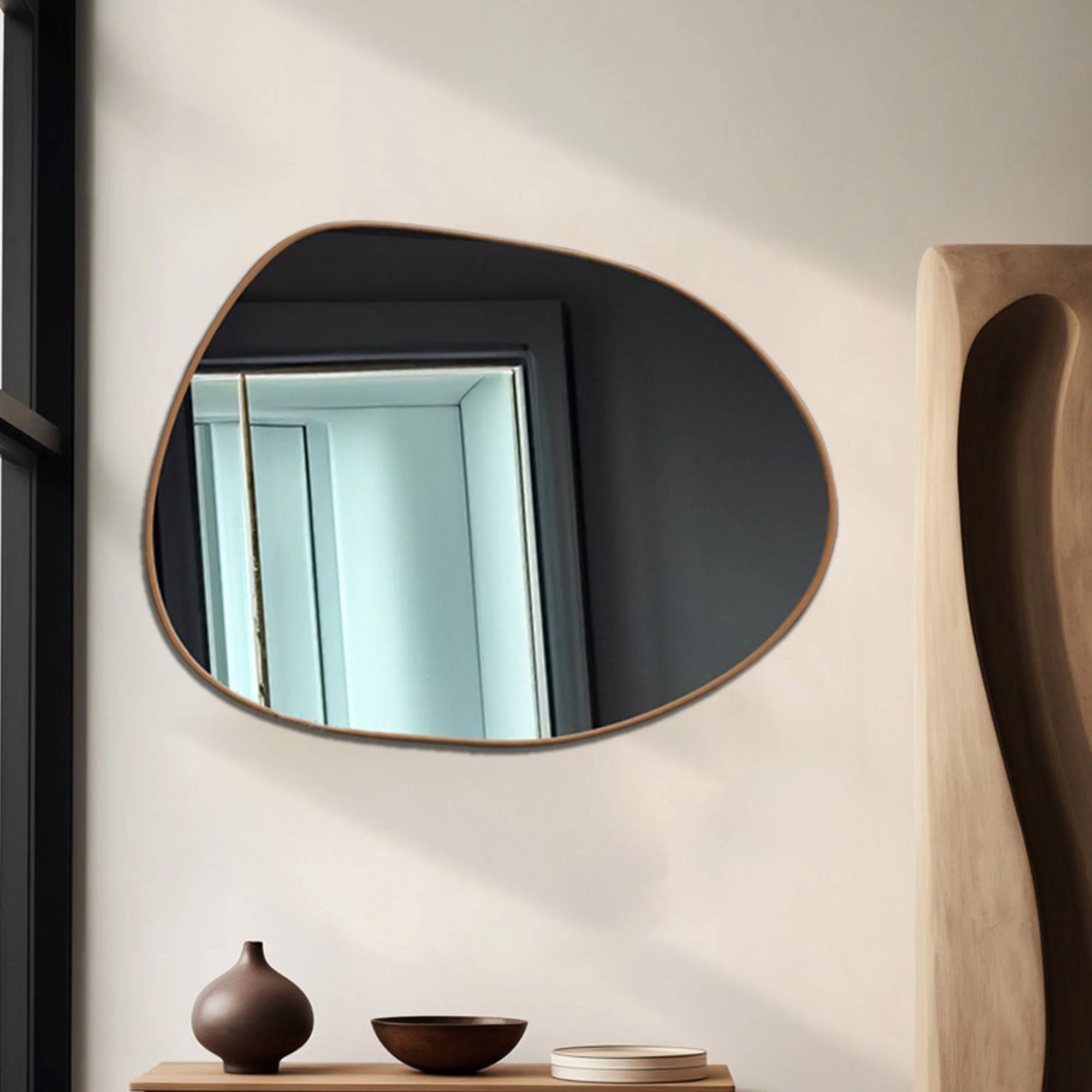 Modern Decorative Asymmetrical Bathroom Mirror with Golden Wooden Finish - Image 5