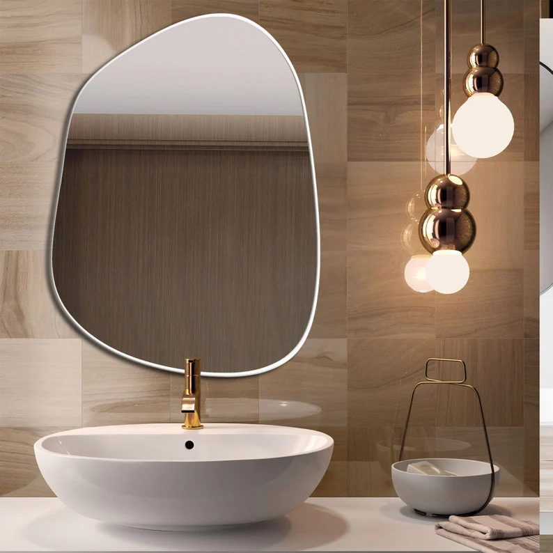 Modern Decorative Asymmetrical Bathroom Mirror with White Wooden Finish - Image 3