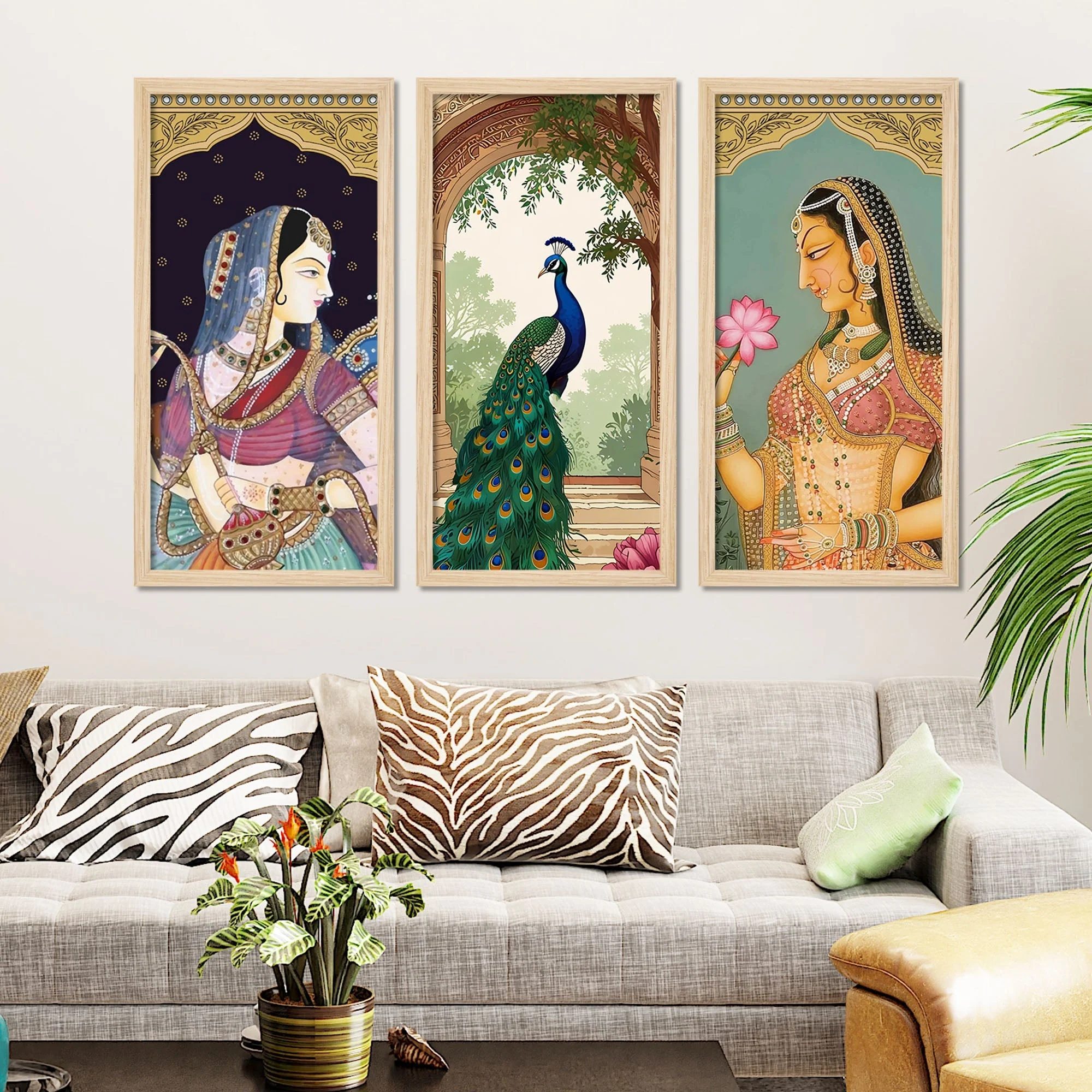Traditional Indian Queen Art Wooden Wall Frame Set of Three - Image 3