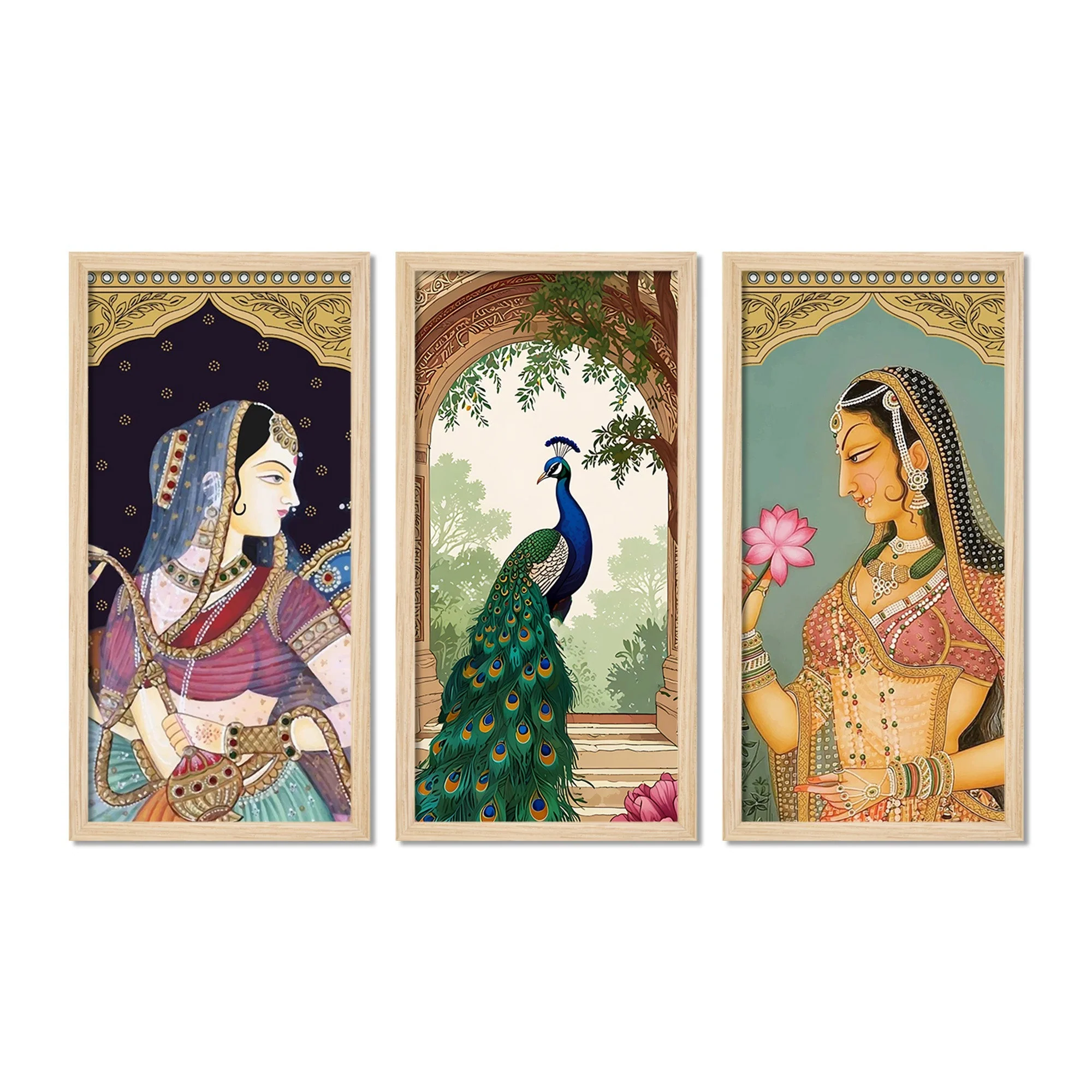 Traditional Indian Queen Art Wooden Wall Frame Set of Three - Image 4