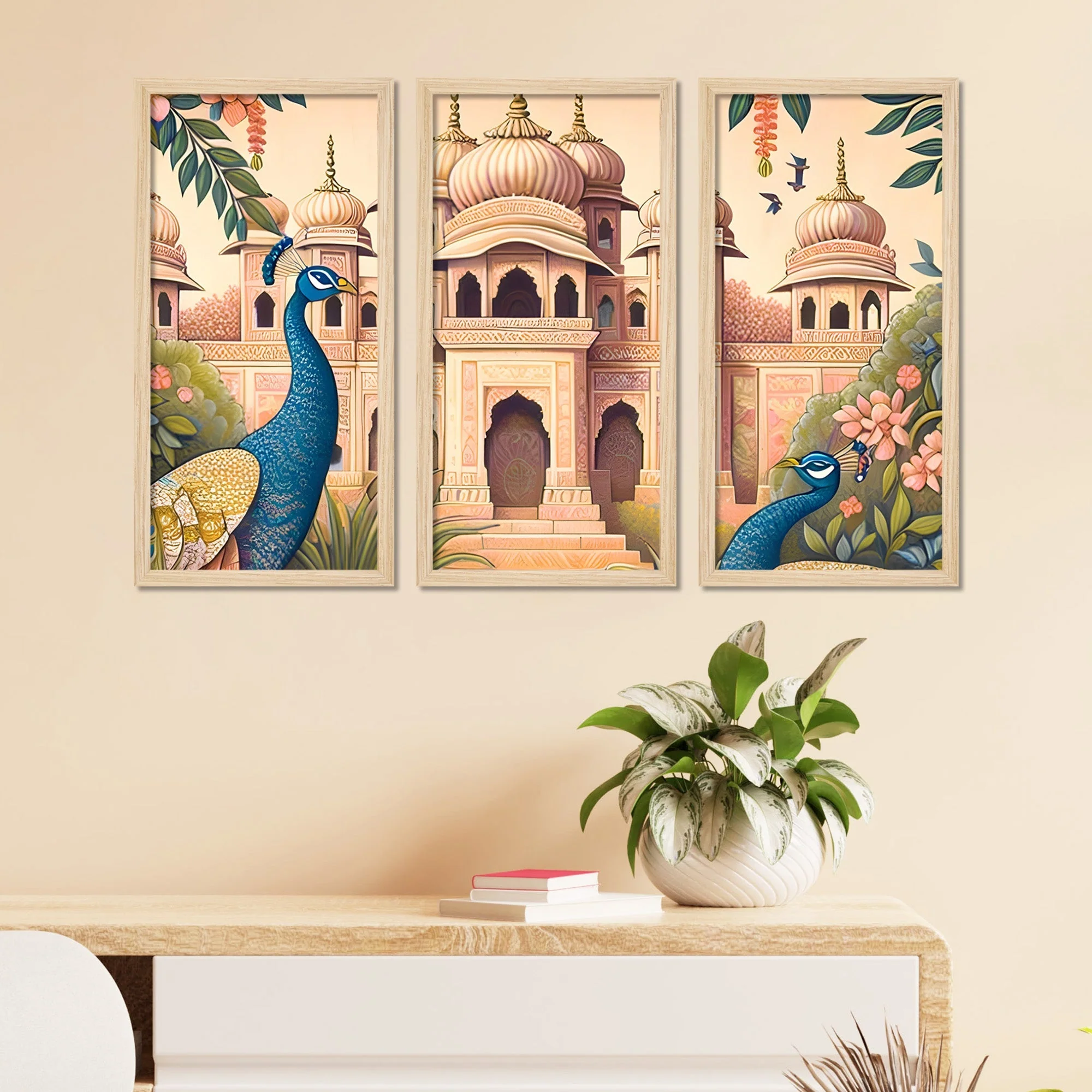 Traditional Mughal Garden View Wooden Wall Frame Set of Three - Image 3