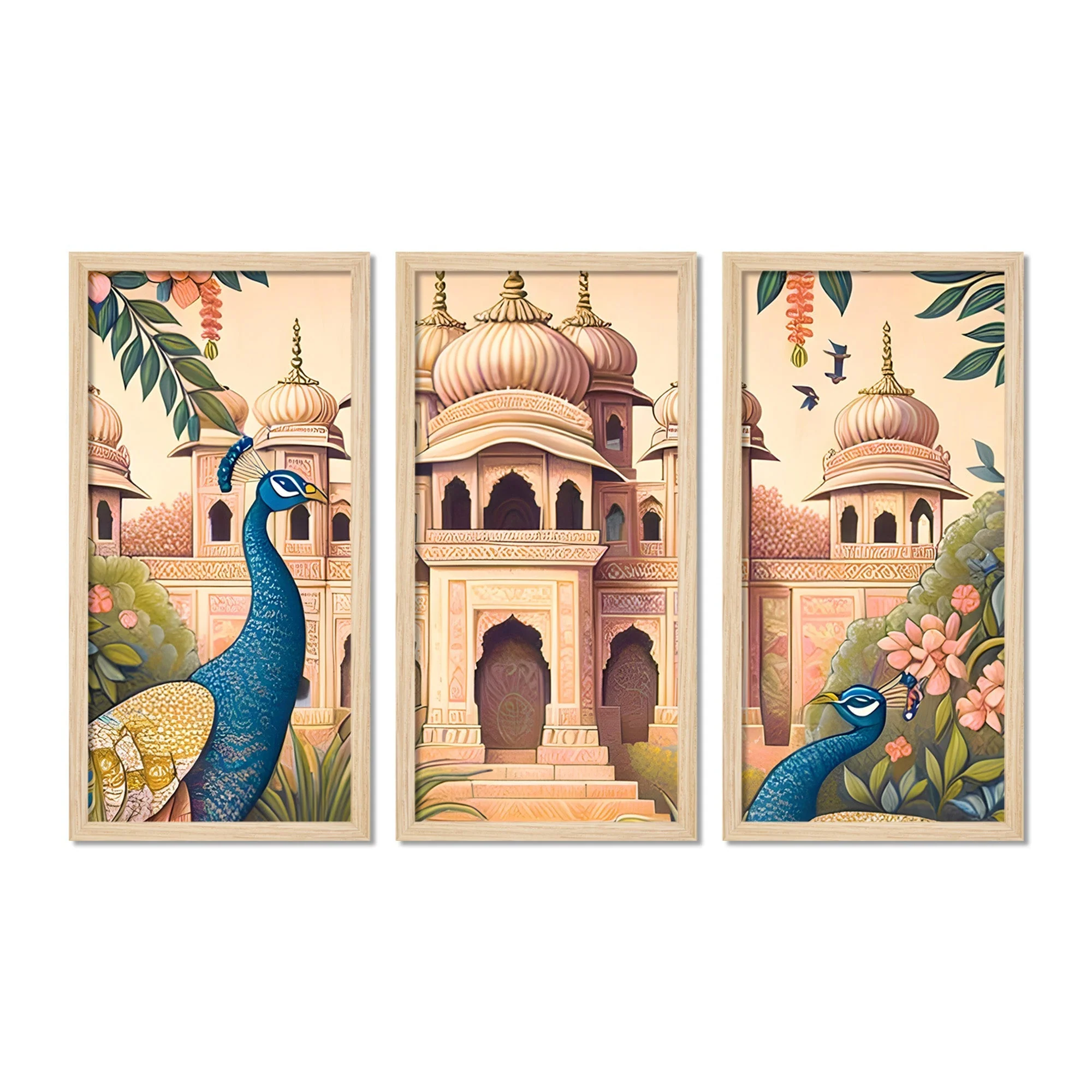 Traditional Mughal Garden View Wooden Wall Frame Set of Three - Image 5