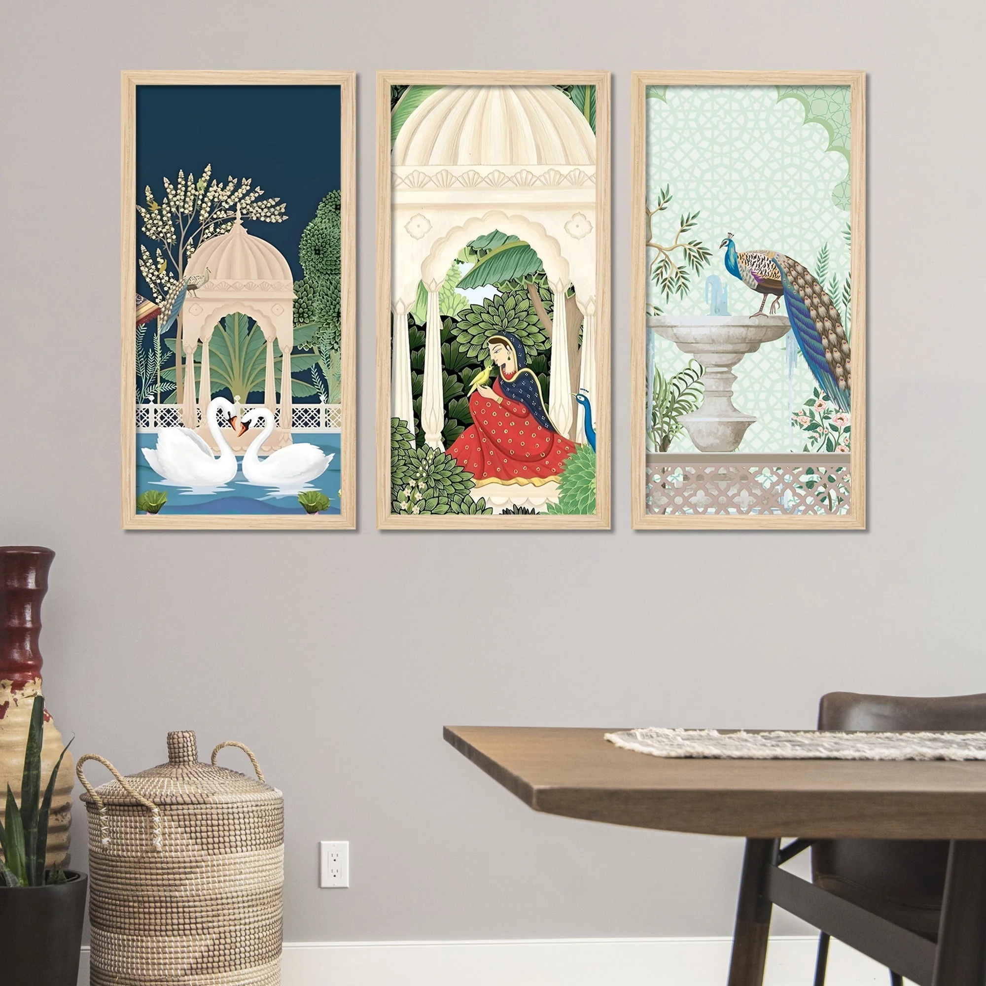 Traditional Mughal Garden View Wooden Wall Frame Set of Three - Image 3