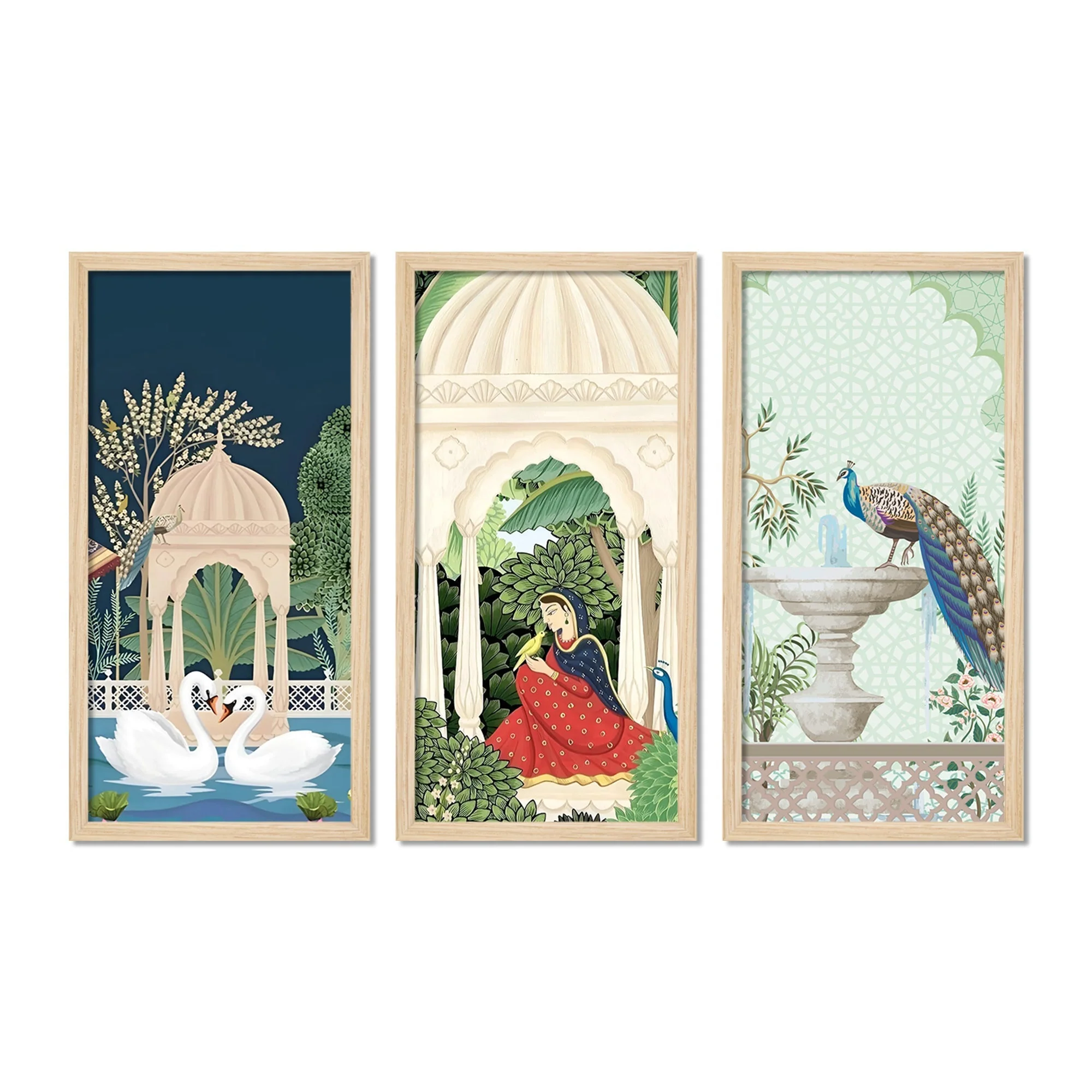 Traditional Mughal Garden View Wooden Wall Frame Set of Three - Image 4