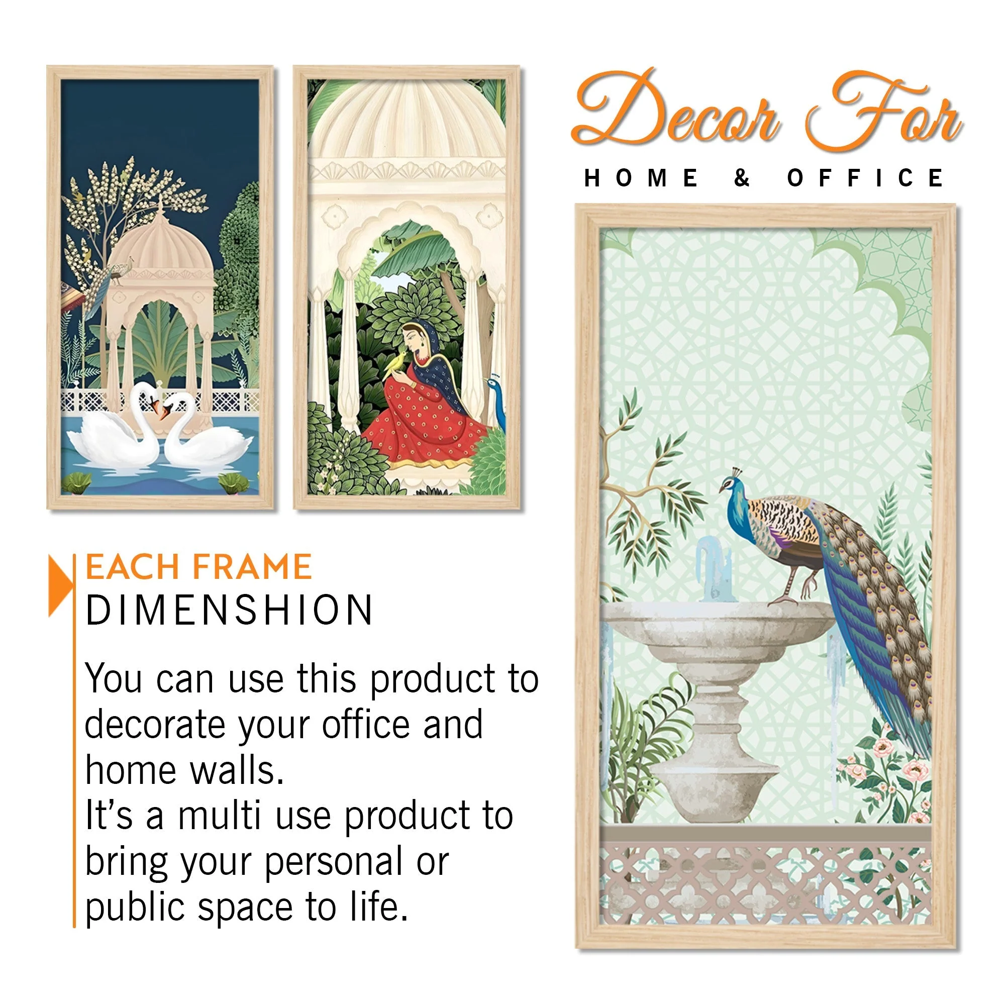 Traditional Mughal Garden View Wooden Wall Frame Set of Three - Image 5